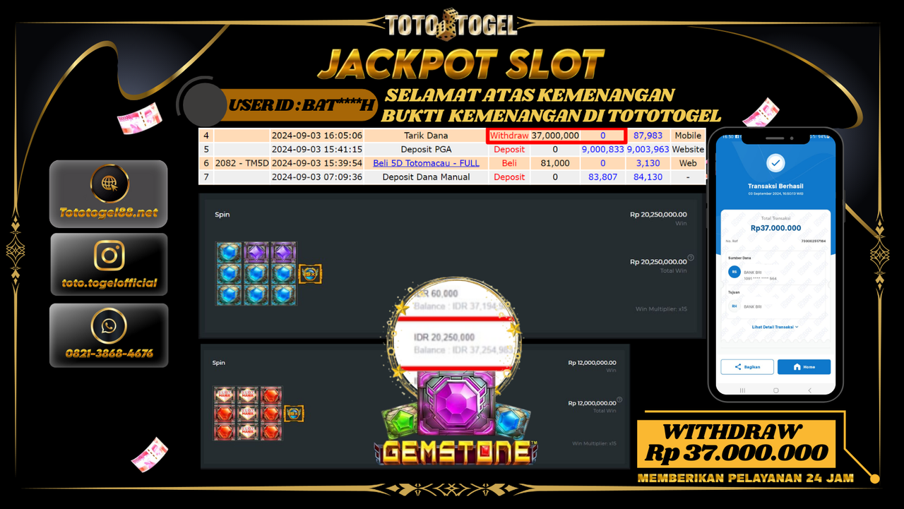 Bukti Kemenangan Permainan Slot Mania Gemstone Dengan ID : BATO**** Terbayar Lunas!!