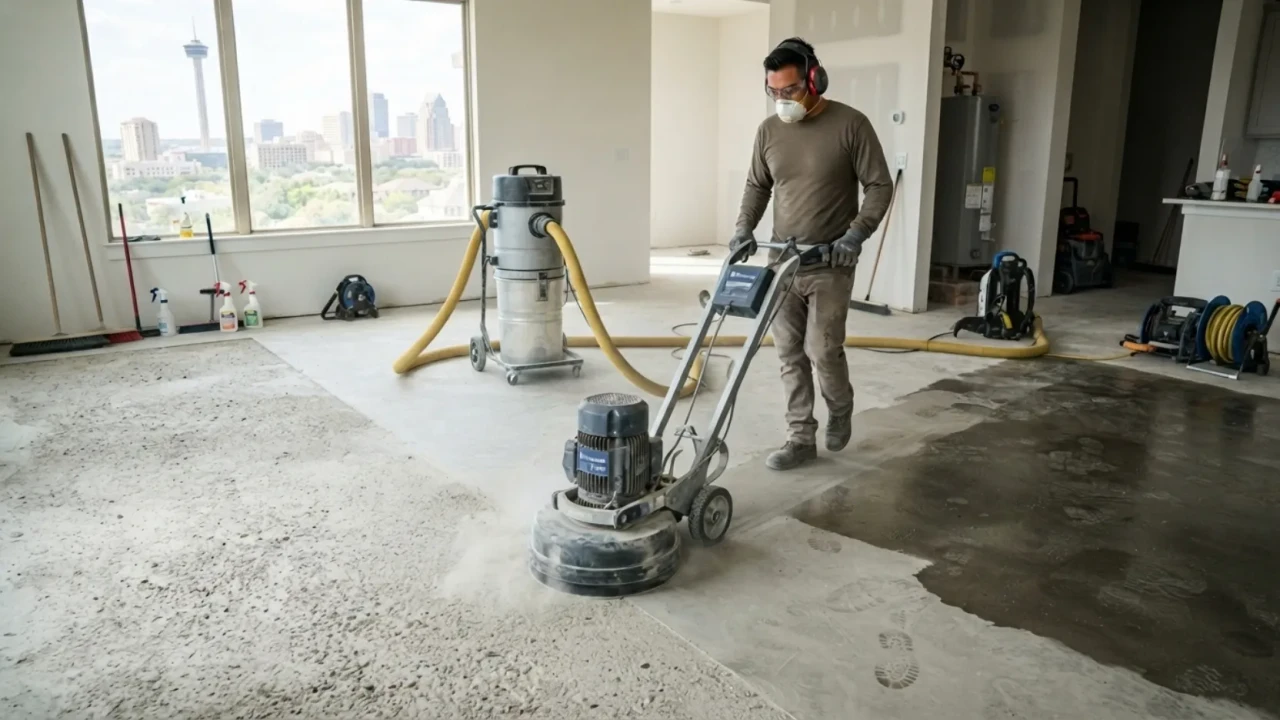 Concrete floor surface preparation grinding and cleaning before staining in San Antonio