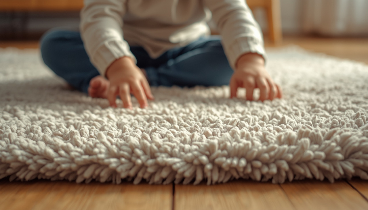 Ребенок трогает текстурированный ковер в детской комнате, акцент на сенсорные ощущения