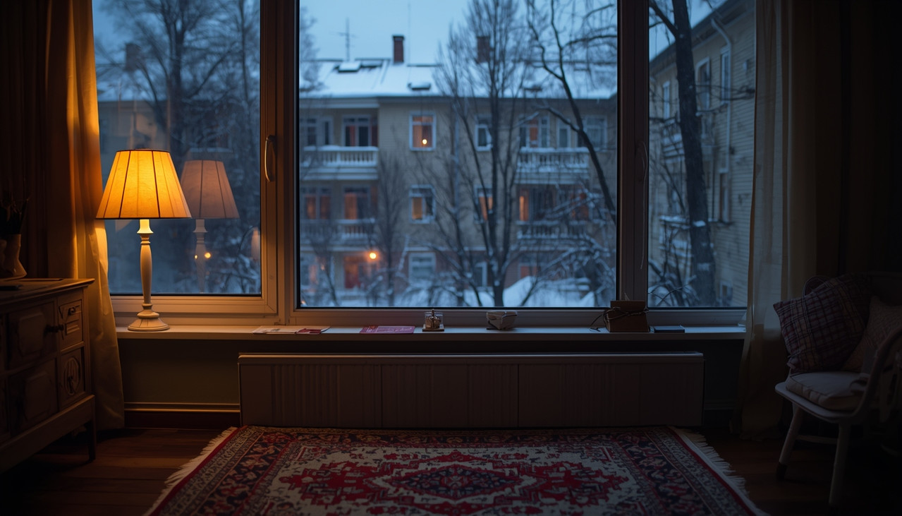 Уютный ковер в детской зимой на фоне снежного двора российского дома