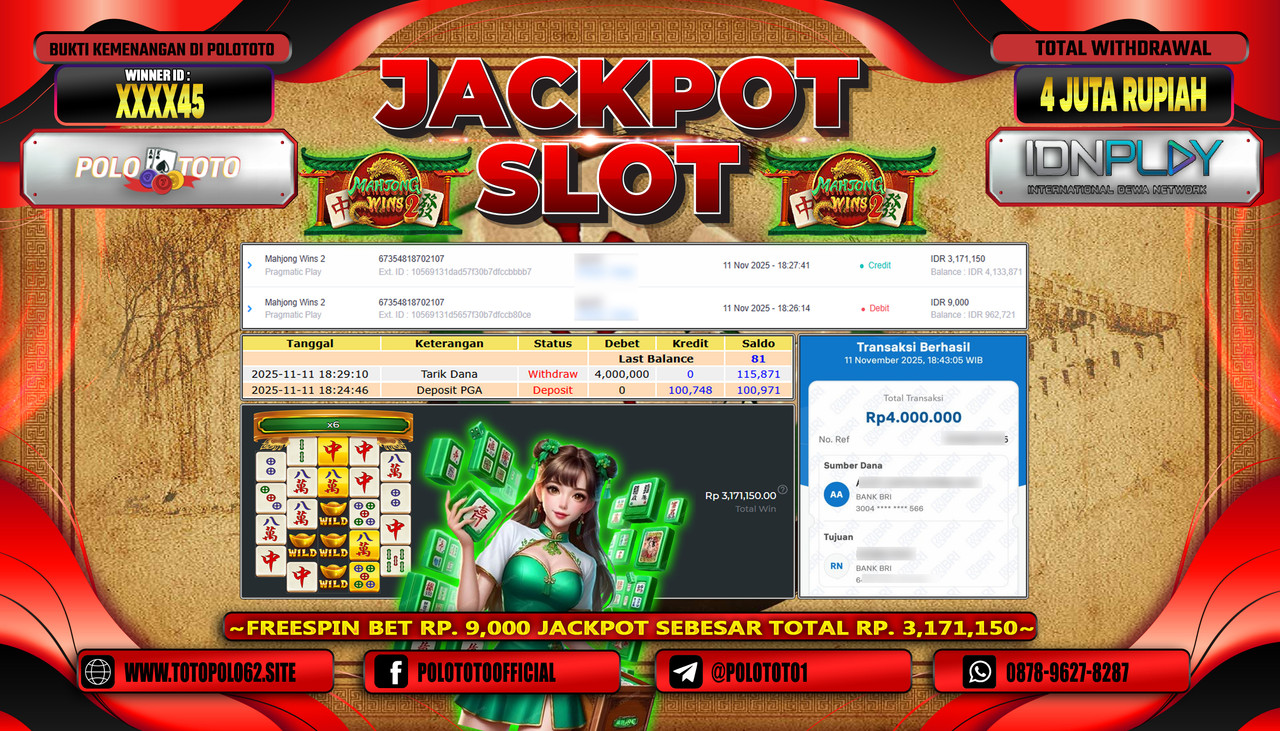 POLOTOTO JACKPOT SLOT MAHJONG WINS 2 Rp.4.000.000,- LUNAS