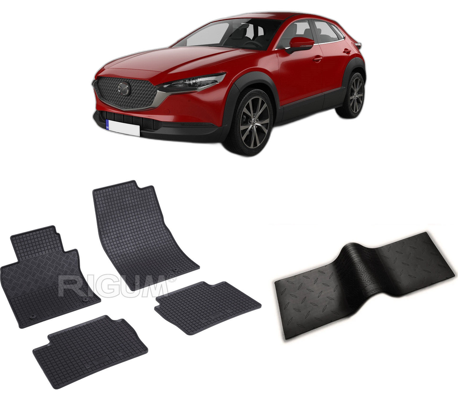 Set covorase auto MAZDA CX -30 din 08.2019-PREZENT, cu covoras tunel median, CAROSERIE SUV, Presuri cauciuc 100%, compatibil cu autoturismul MAZDA CX -30, Rigum