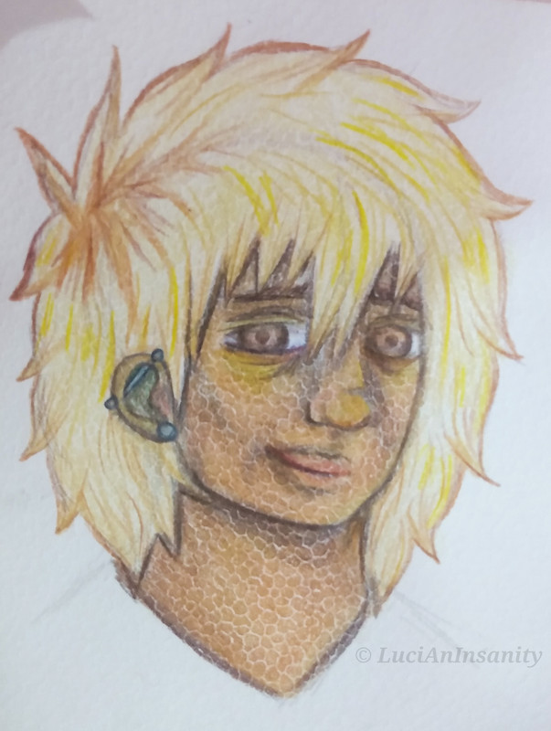 an illustration of Fabian Lopez, he has medium brown skin, dirty blonde hair and brown eyes. He has pierced ears. He looks friendly and is smiling.