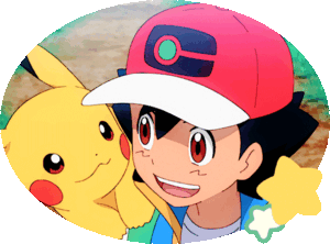 A gif of Ash from Pokemon with Pikachu on his left shoulder. Pikachu affectionately presses his cheek to Ash's face, and Ash pets Pikachu in return. The gif is circular, with two stars in the corner.