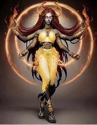 Kali, a tall female with four arms, a mane of blood red hair, and coal-black skin. Her friendly brown eyes had been replaced by yellow flames. She wore a dress of fine golden links belted at her waist, with a belt that was silver with a diamond placed in the front. Sandals adorned her feet, while a circlet made of gold kept her long hair out of her eyes.