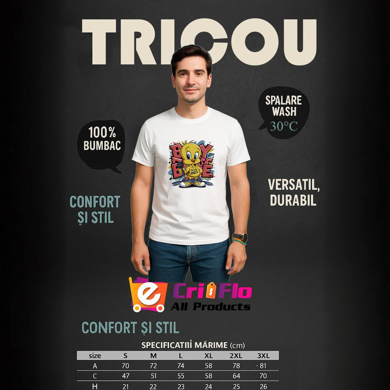 Tricou Barbat Tweety boy energy cu hanorac galben si sneakers urban, Barbat, 100% bumbac, Cri-Flo, Culoare Alb, Marime M