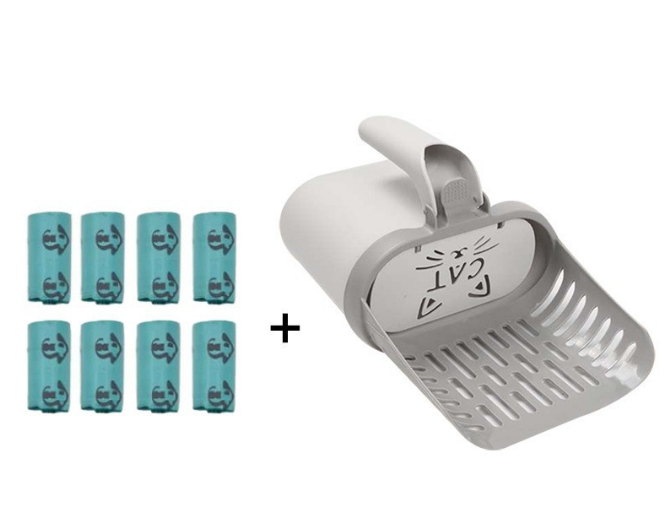2-in-1 Cat Litter Scoop with Integrated Waste Bin & 8 Rolls Refill Bags Detachable Sifter Shovel Anti-Reflux Baffle Grey