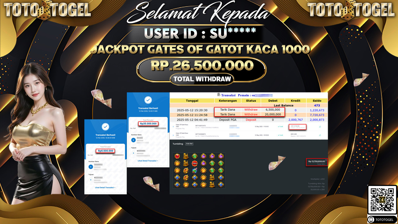 Bukti Pembayaran Jackpot  Permainan Slot Gates Of Gatot Kaca 1000 ID:SU***** LUNAS
