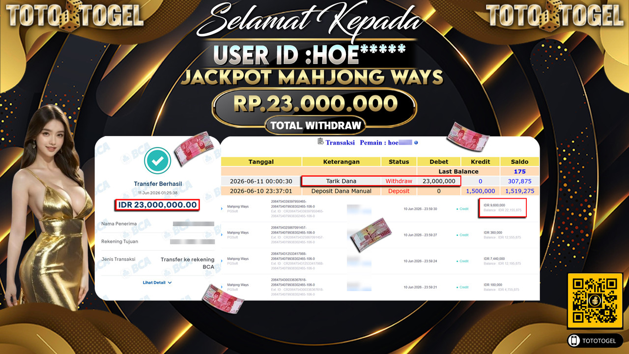 Bukti Pembayaran Jackpot Permainan Slot Mahjong Ways ID:HOE*****LUNAS