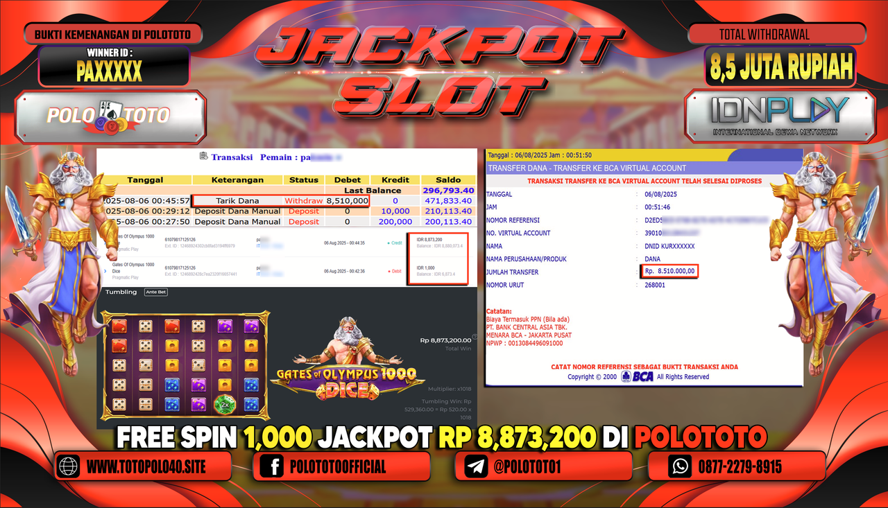 POLOTOTO JACKPOT SLOT GATES OF OLYMPUS 1000 DICE Rp.8.500.000,-LUNAS