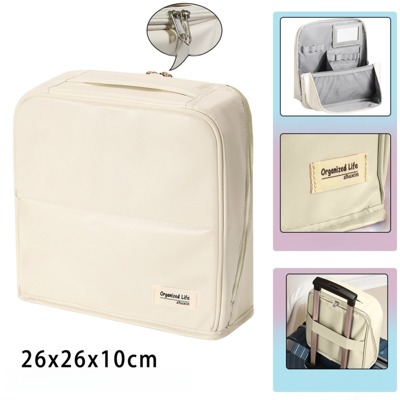 Beige Magnetic Compartmentalized Standing Cosmetic Bag – Large Capacity with Mirror, Travel Makeup Organizer (26×10×26 cm)