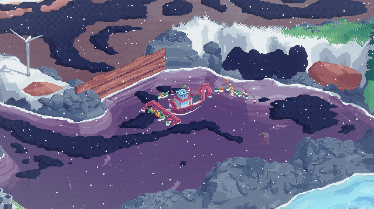 boat pushing bottles in oil covered water. landscape surrounding is snowy