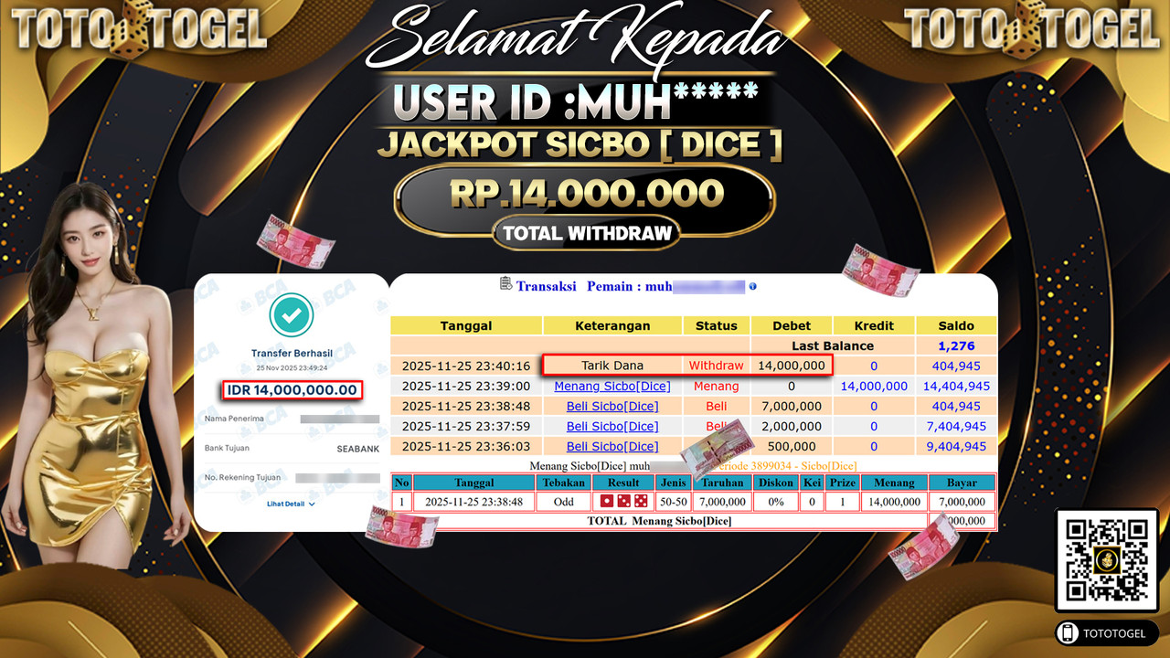 Bukti Pembayaran Jackpot Permainan Live Game Sicbo [ Dice ] ID:MUH***** LUNAS