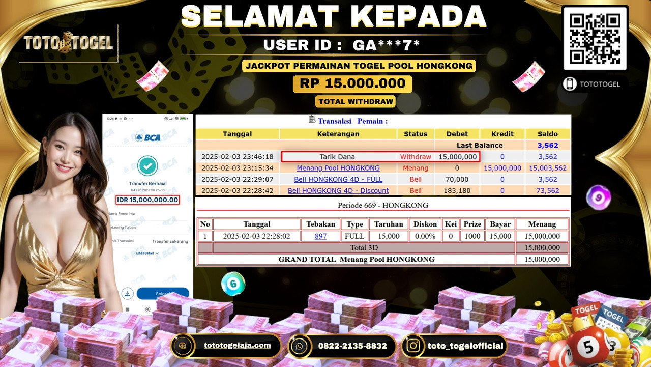 Bukti Pembayaran Jackpot  Permainan Togel Pool Hongkong  ID:GA***7*  LUNAS