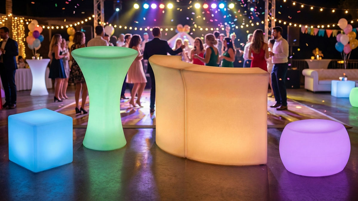 Основные типы LED-мебели: куб, коктейльный стол, барная секция, пуф