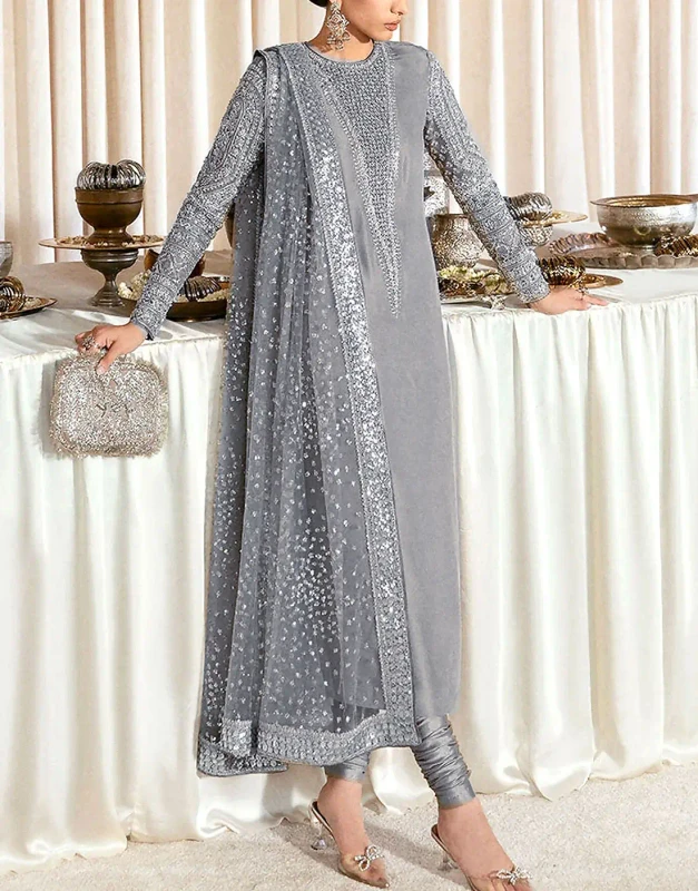 Silver Grey Hand-Embellished Raw Silk Wedding Dress – Unstitched Luxury Party & Bridal Outfit with Glittering Dupatta