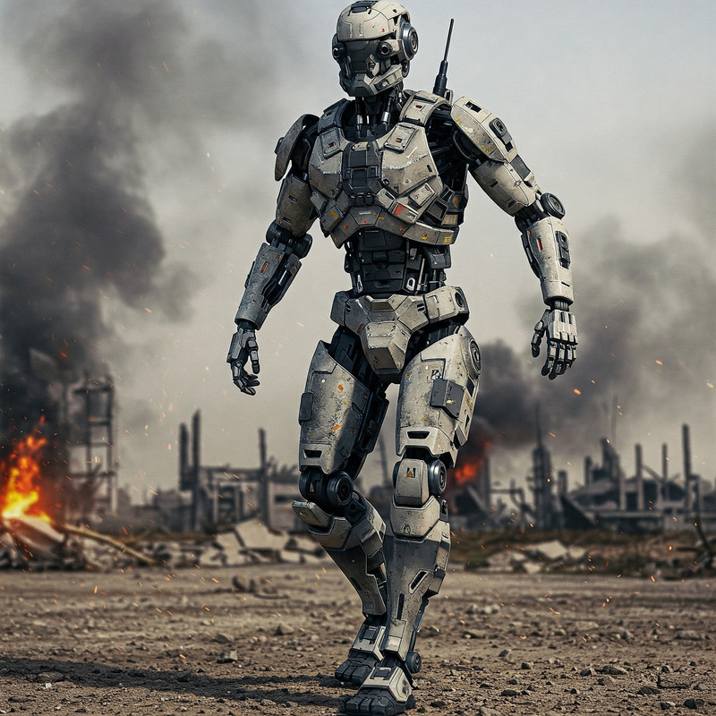 AI Soldier of the Future: Robotic Infantry on a futuristic battlefield, emphasizing automation in combat.