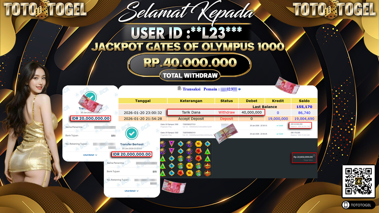 Bukti Pembayaran Jackpot Permainan Slot Gates Of Olympus 1000 ID:**L23***LUNAS