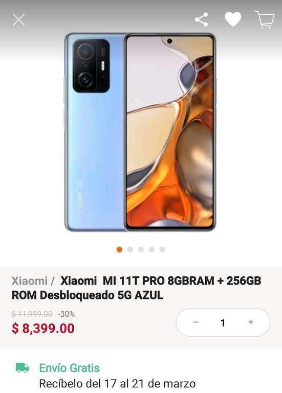 LINIO: Xiaomi 11T Pro 256GB 8GB color Azul desbloqueado con PayPal 
