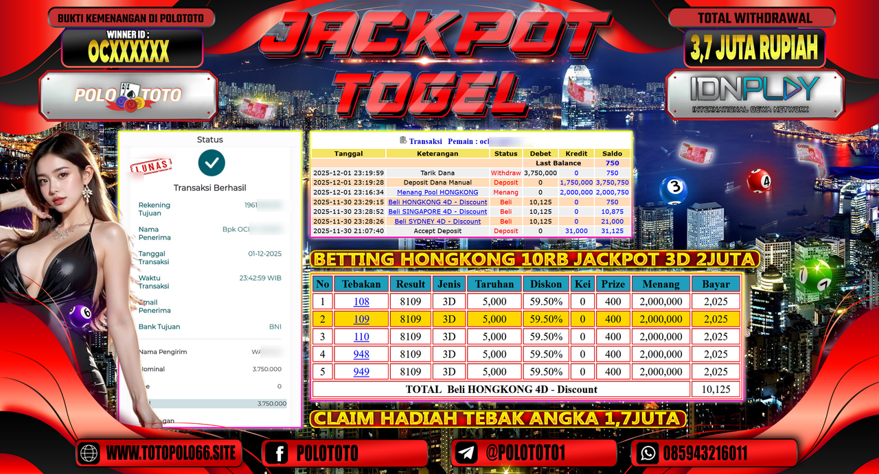 POLOTOTO JACKPOT TOGEL MENANG HONGKONG LOTTO Rp.3.7000.000,- LUNAS