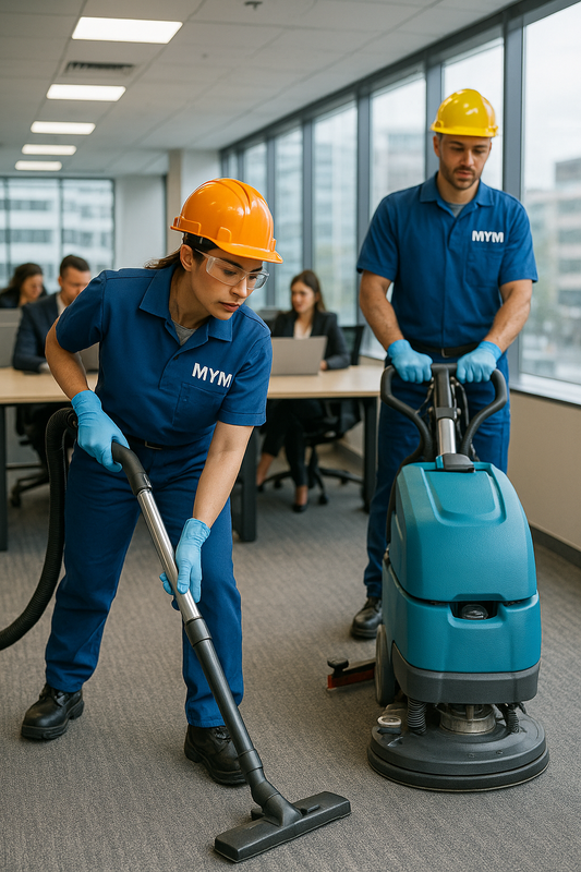 Trabajador de MYM Servicios con equipo de limpieza
