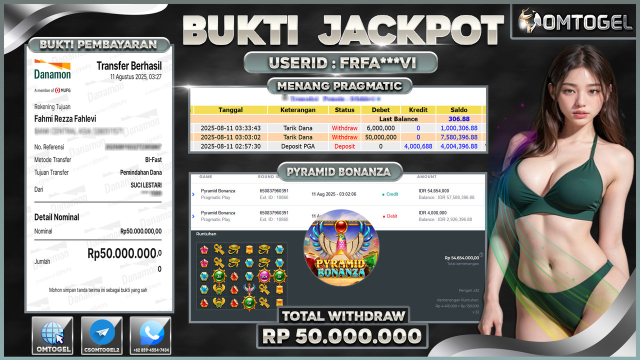 OMTOGEL JACKPOT PRAGMATIC PLAY PYRAMID BONANZA 50 JUTA DI BAYAR LUNAS ,-