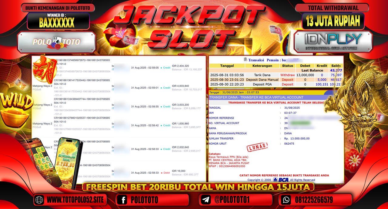 POLOTOTO JACKPOT SLOT MAHJONG WAYS 2 Rp.13.000.000,-