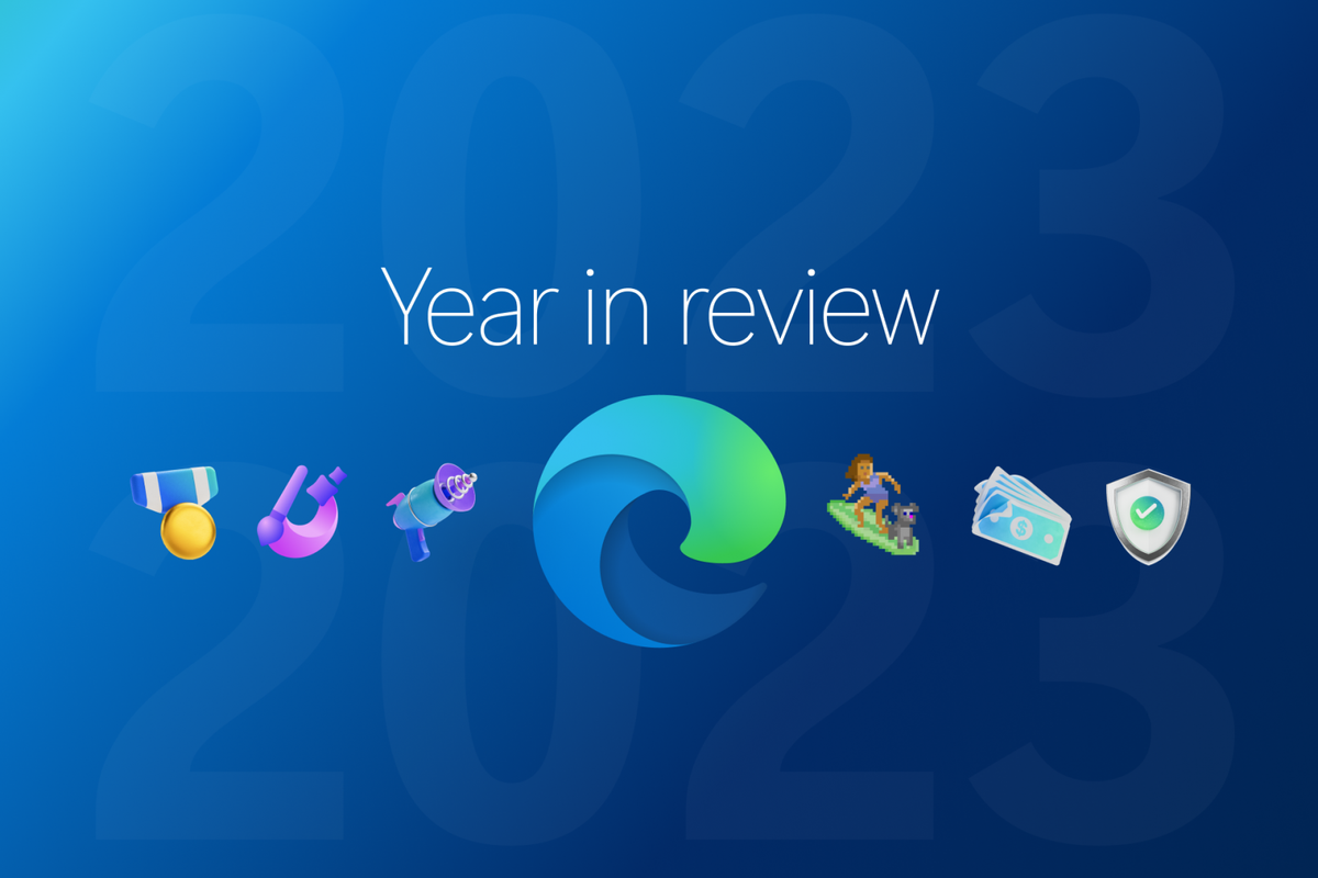 Fundo azul degradê, no centro o logotipo do Microsoft Edge e nas laterais ícones do Rewards, Microsoft Image Creator e de outros recuros, em comemoração a um overview de 2023.