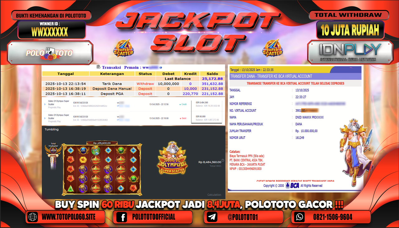 POLOTOTO JACKPOT SLOT GATES OF OLYMPUS SUPER SCATTER Rp.10.000.000,- LUNAS