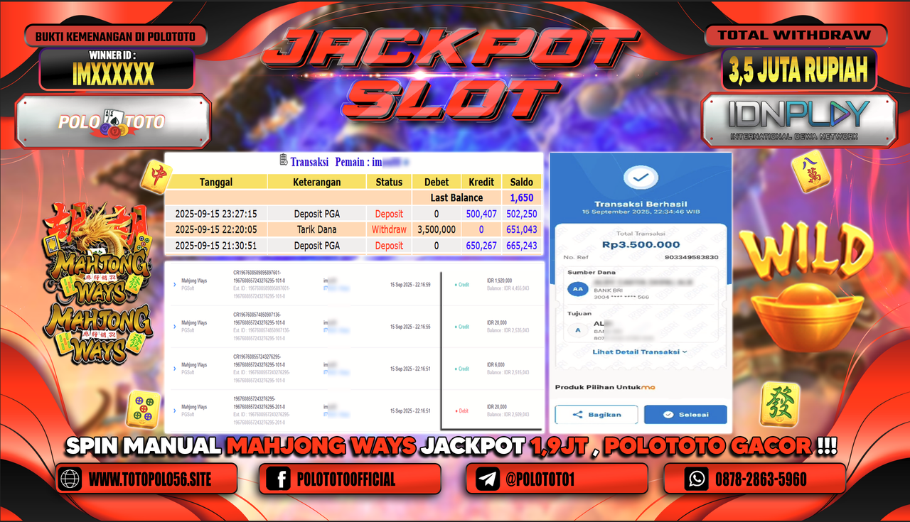 POLOTOTO JACKPOT SLOT MAHJONG WAYS Rp.3.500.000,-