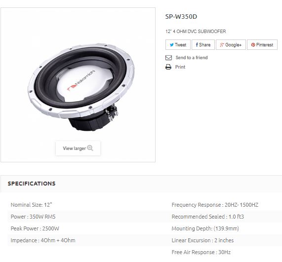 SP-W1000D 25cm　MAX1200W ナカミチ Nakamichi SP-W1000D 25cmMAX1200W ナカミチ Nakamichi