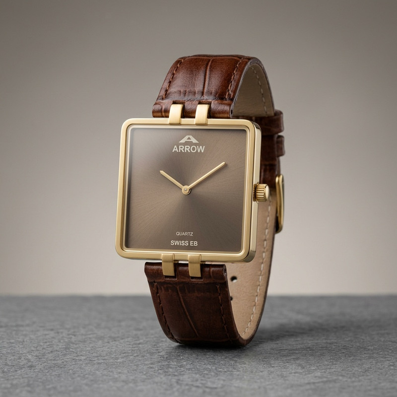 Luxury gold dress watch on dark background with leather strap detail