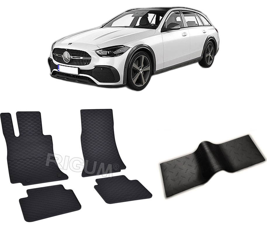 Set covorase auto MERCEDES C-CLASS W206 din 06.2021-PREZENT, cu covoras tunel median, CAROSERIE COMBI, Presuri cauciuc 100%, compatibil cu autoturismul MERCEDES C-CLASS W206, Rigum