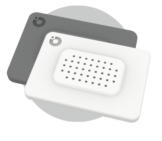 Two overlapping rectangular devices with rounded corners, one white and one black, featuring perforated surfaces.