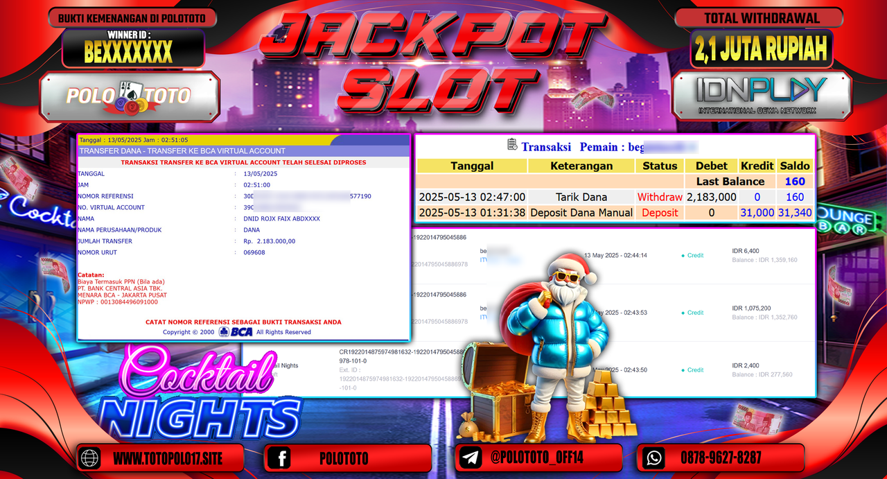 POLOTOTO JACKPOT SLOT COCKTAIL NIGHTS Rp.2.183.000,-