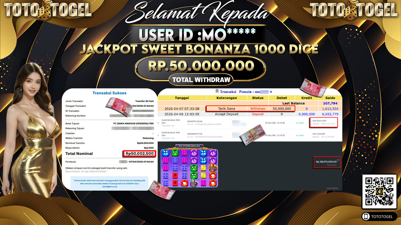 Bukti Pembayaran Jackpot Permainan Slot Sweet Bonanza 1000 Dice ID:MO*****LUNAS