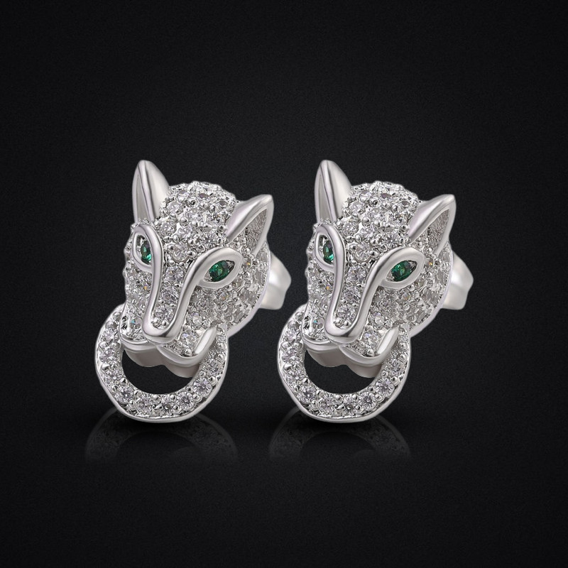 Vintage Style CZ Leopard Head White Gold Color Stud Earrings Women Jewelry NEW