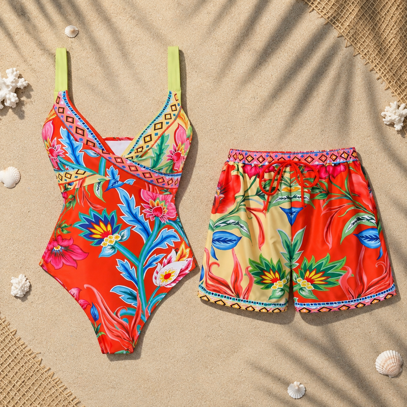 One-piece Red Floral with Short