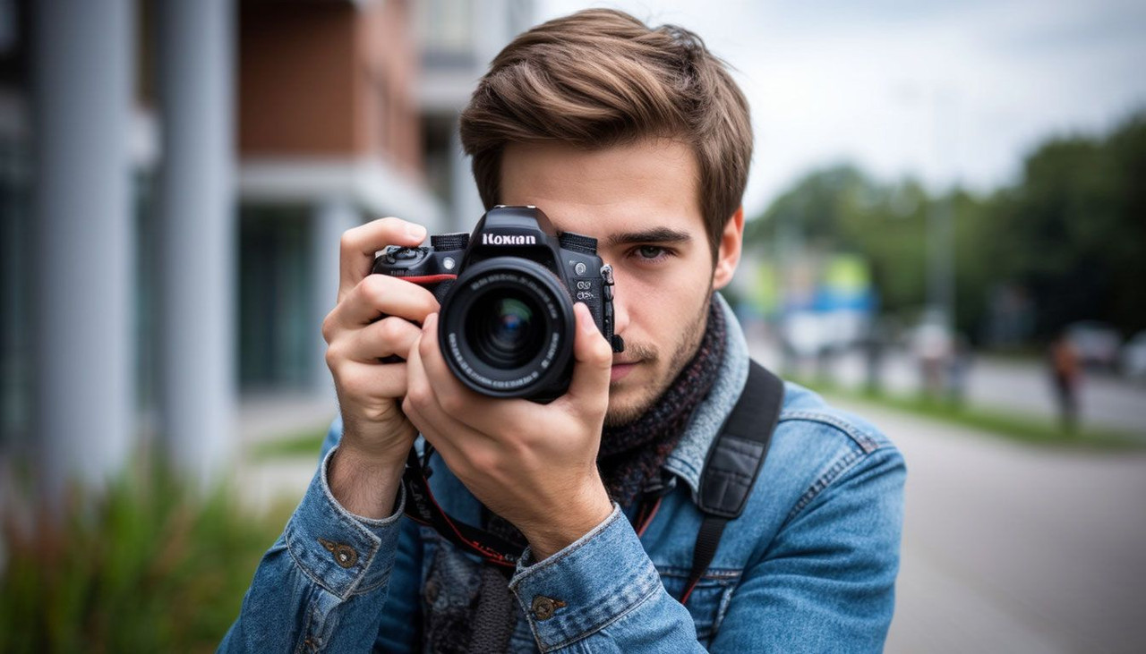 фотограф делает снимки на городской улице
