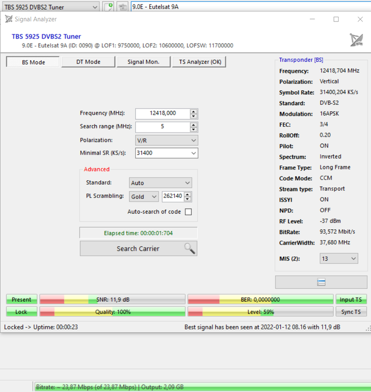 Eutelsat 9B 124188 V reçu à 11,9 dB