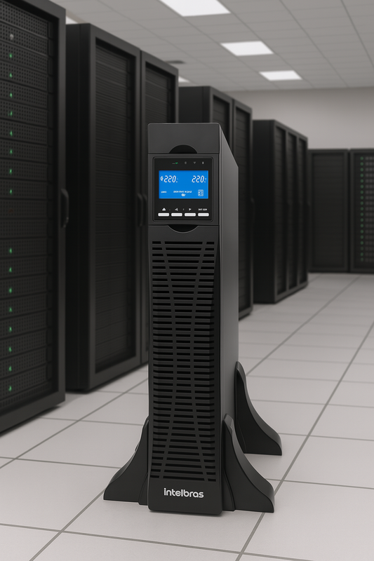 Detalhe da parte traseira do Nobreak Intelbras DNB Online 1.5 kVA RT G2, mostrando as conexões de entrada e saída.