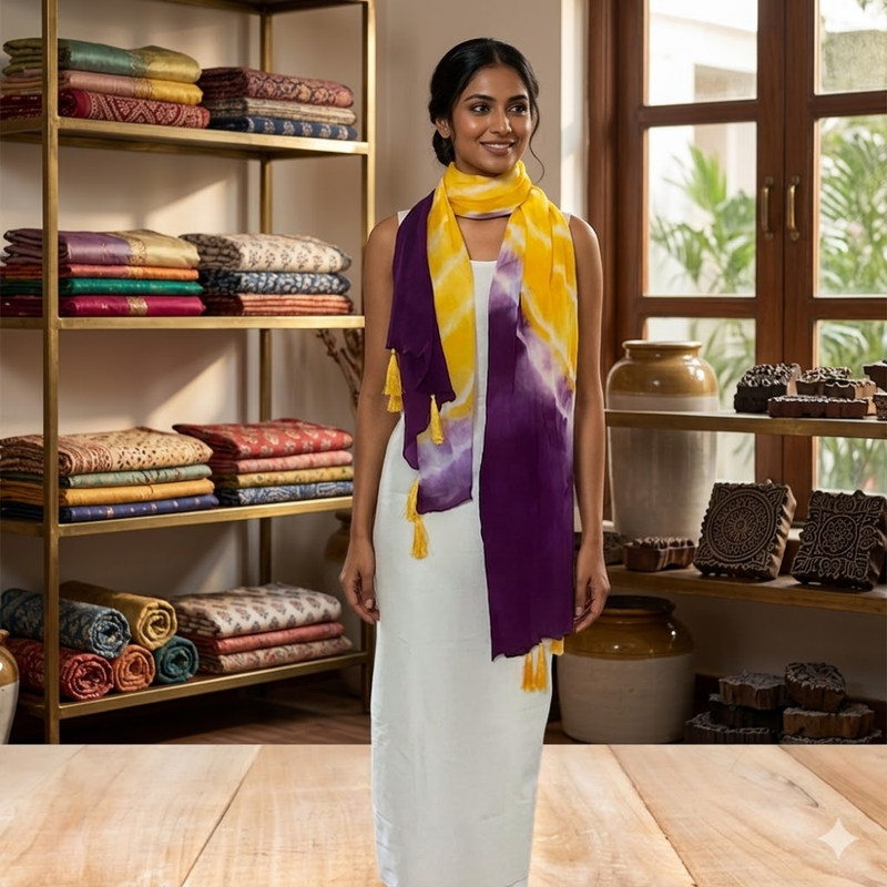 Vibrant Yellow Purple Tie & Dye Chinon Dupatta
