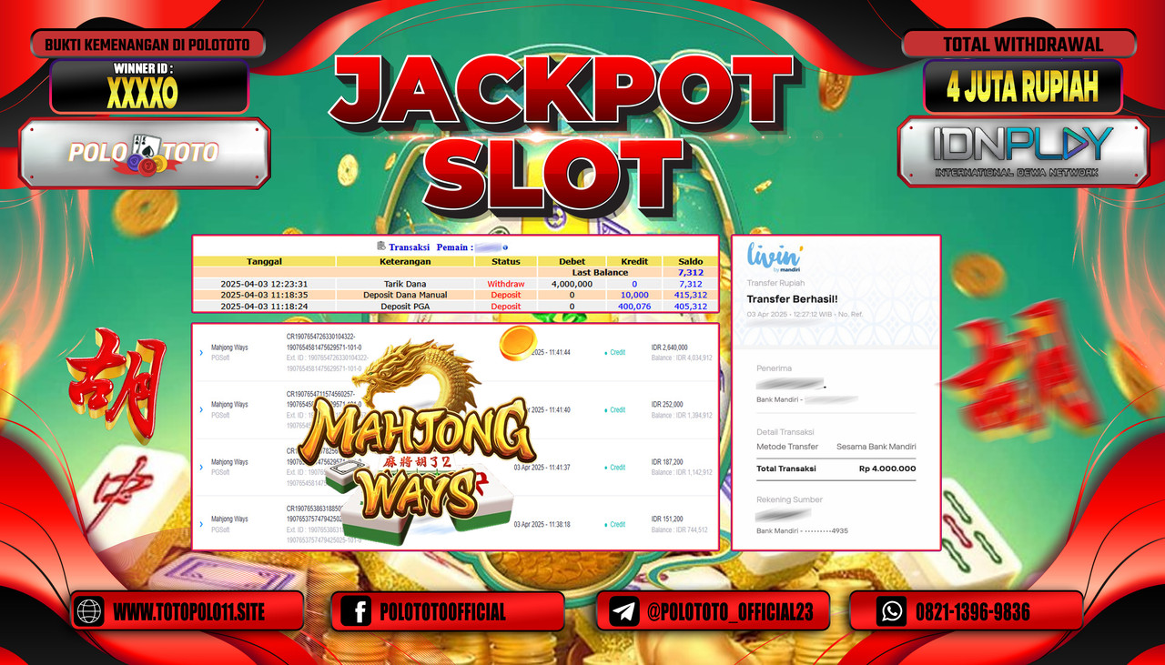 POLOTOTO JACKPOT SLOT MAHJONG WAYS Rp.4.000.000,-