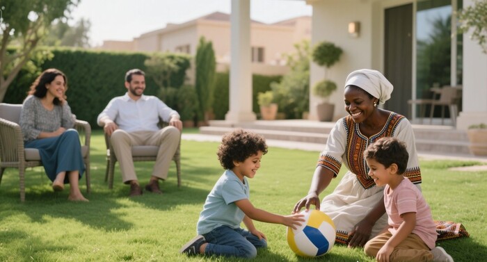 Ethiopian maid is playing gently with two children