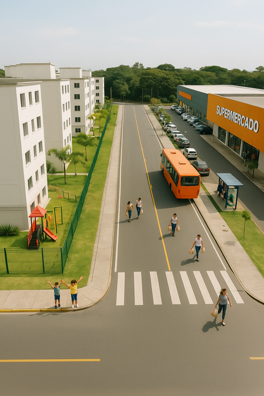 Vista aérea mostrando condomínio, supermercado, academia e ponto de ônibus em frente