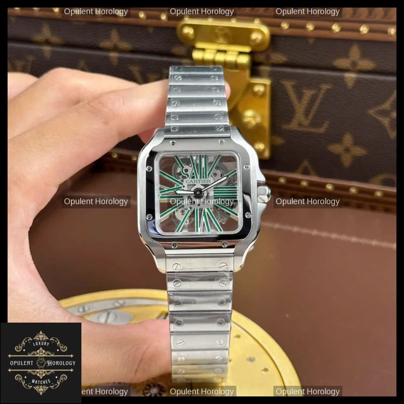 Cartier Santos Watch 39.8mm Skeleton Dial Green Roman Numerals - Super Clone