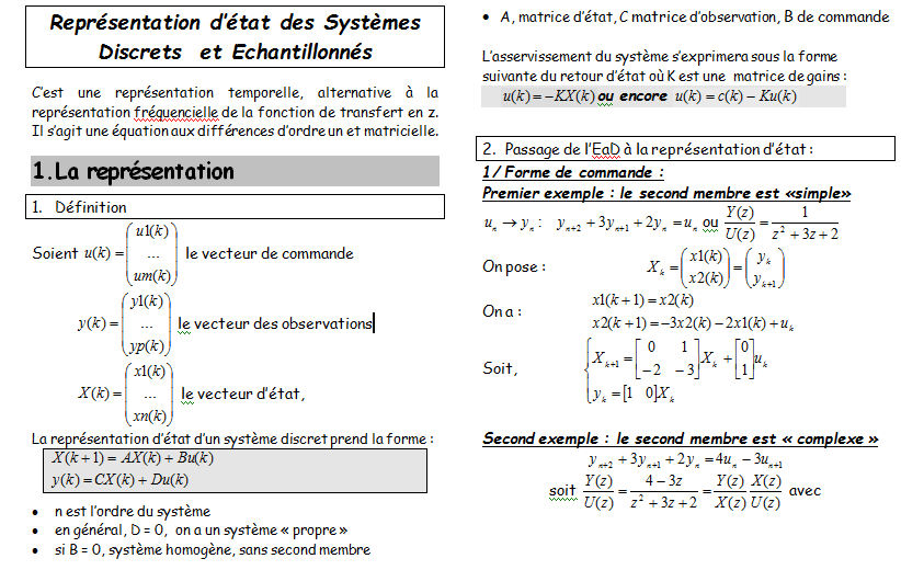 Représentation d’état des systèmes discrets et échantillonnés