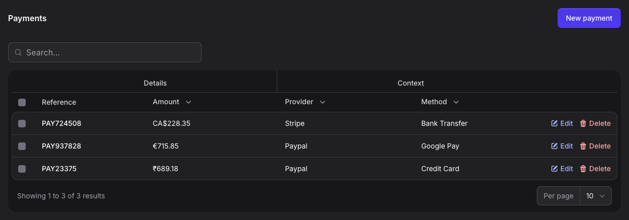 Stature Theme Order payments table with grouped Details and Context columns in dark mode