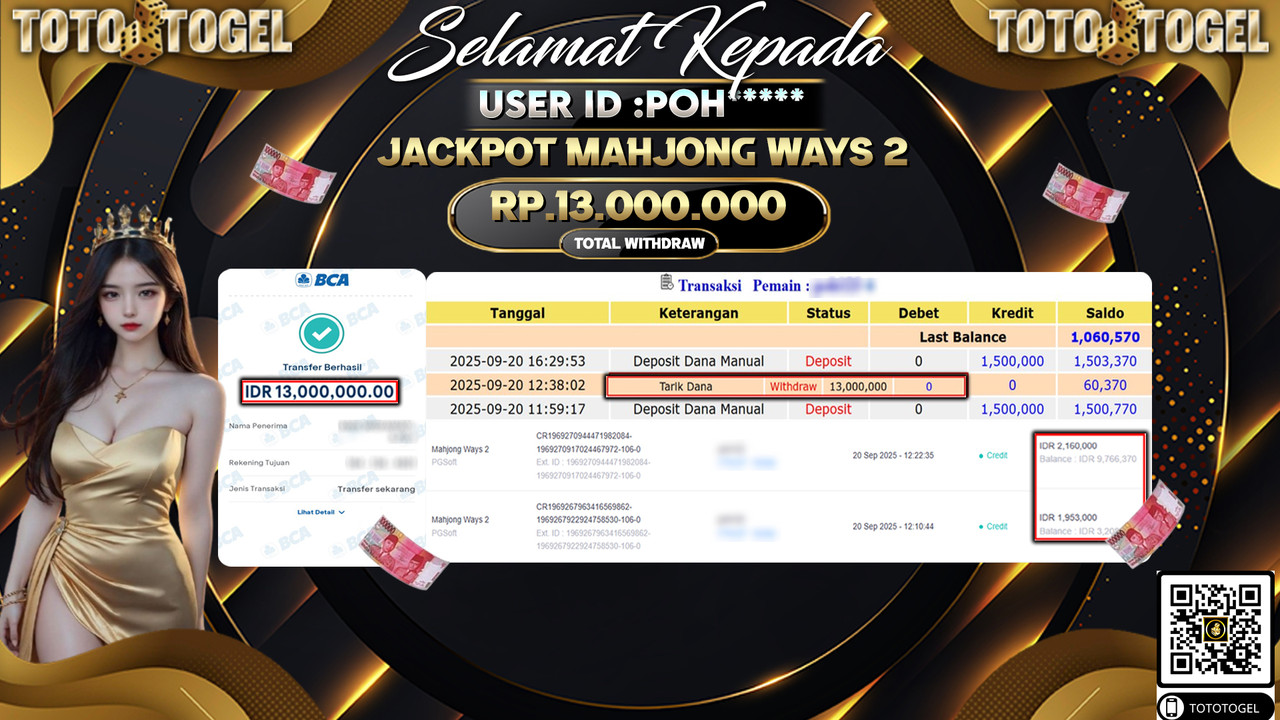 Bukti Pembayaran Jackpot Permainan Slot Mahjong Ways  ID:POH*** LUNAS