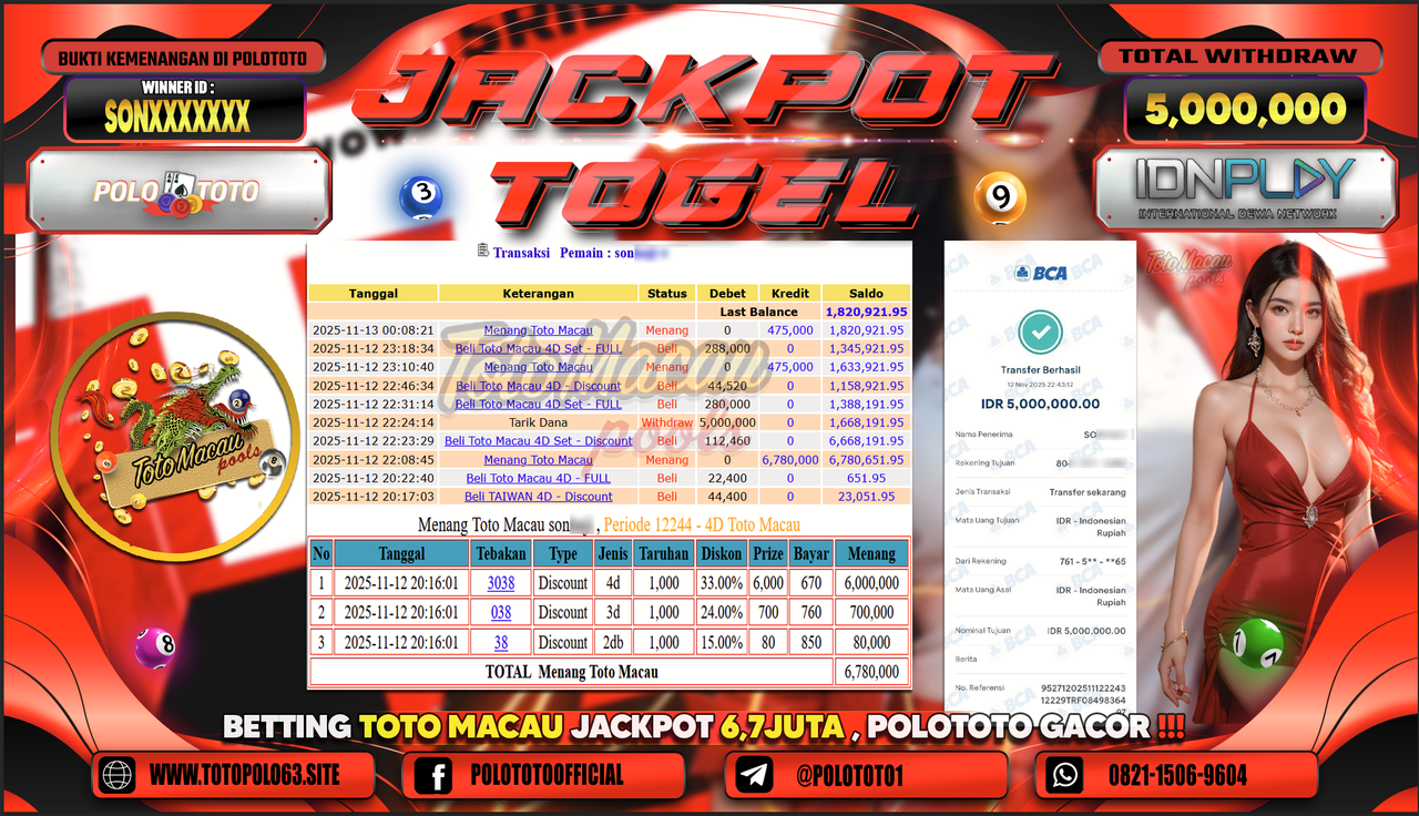 POLOTOTO JACKPOT TOGEL MENANG TOTO MACAU Rp.5.000.000,- LUNAS